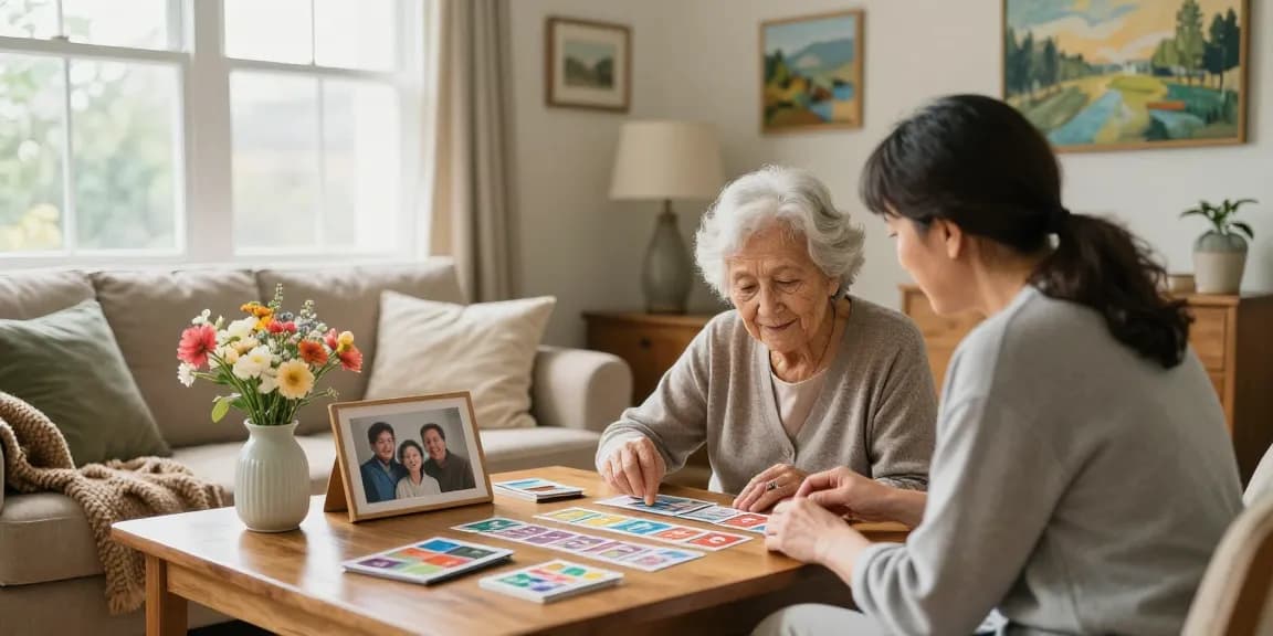 Elderly woman with dementia engaged in a memory game in a warm home environment, promoting dementia haldimand care.