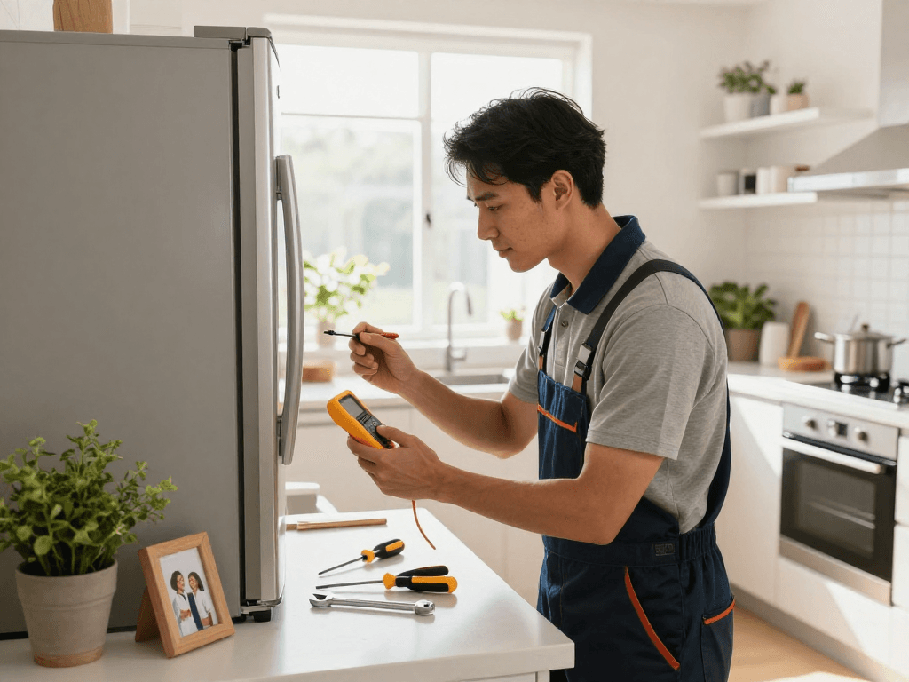 Appliance repair Vaughan technician inspecting refrigerator in modern kitchen