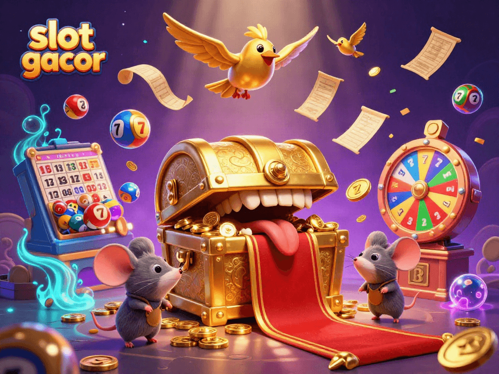 Engage with slot gacor gameplay featuring a golden treasure chest and vibrant casino elements.
