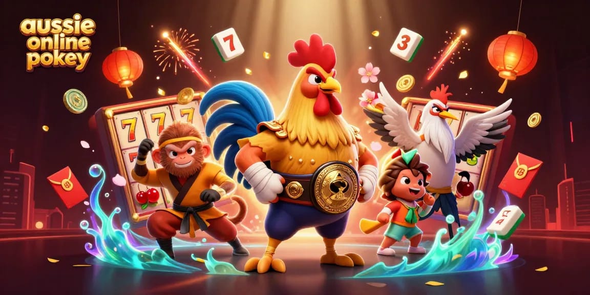 Aussie online pokies illustration displaying a dynamic scene with iconic characters and slot gaming elements.