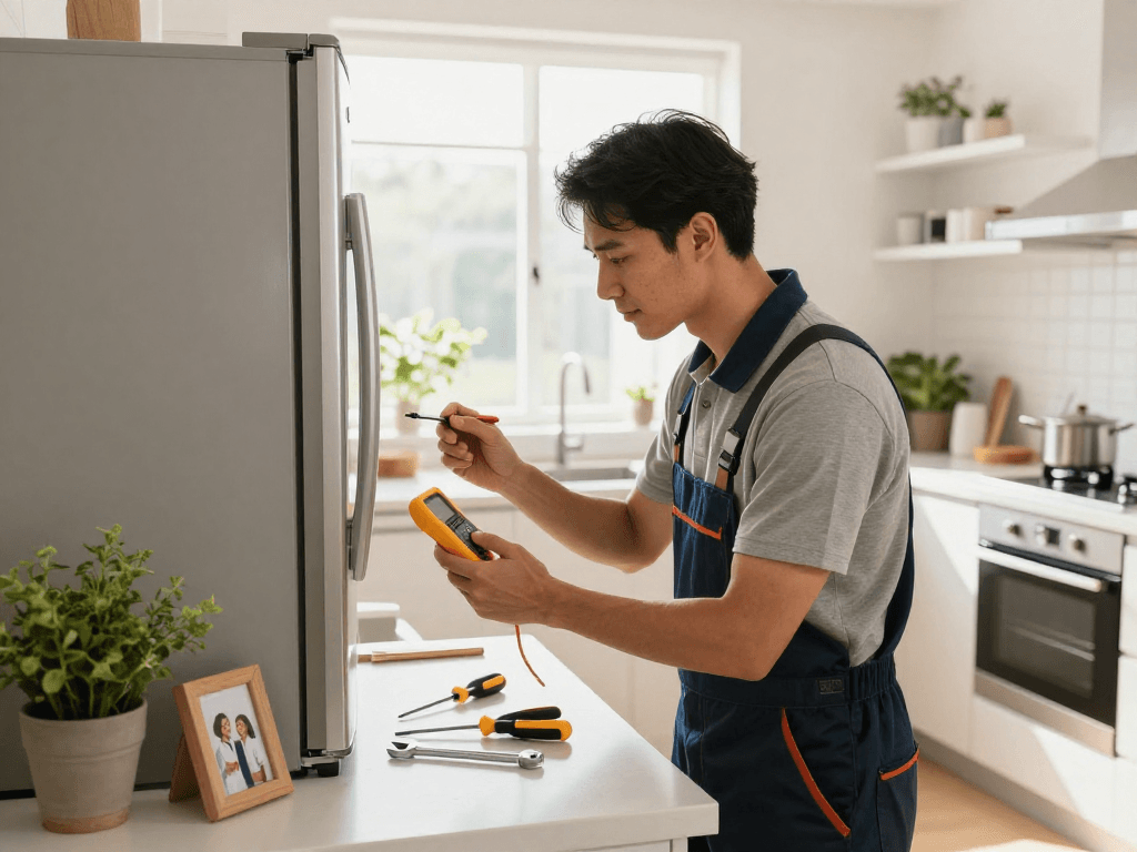 Appliance repair Vaughan technician inspecting refrigerator in modern kitchen