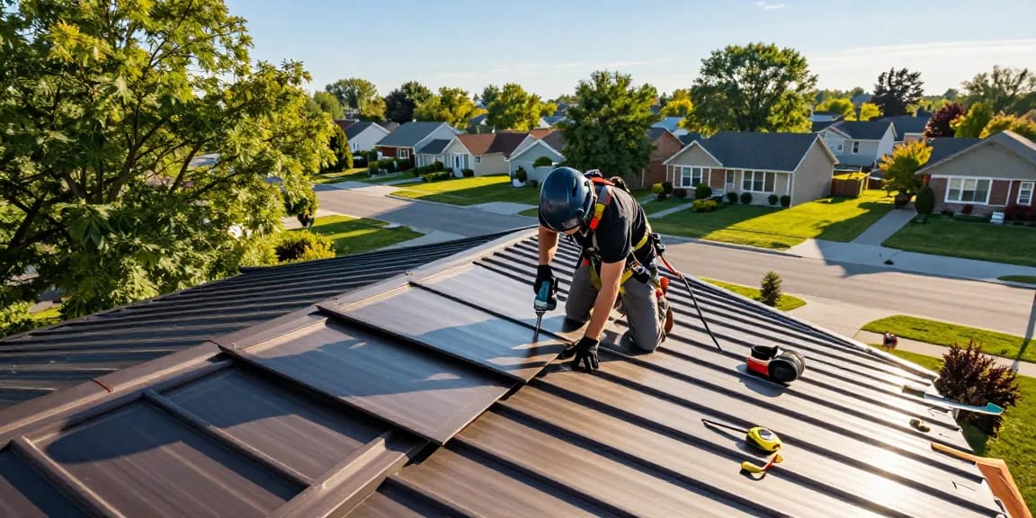 Metal roofing Mississauga installation scene depicting a professional roofer at work on a suburban home.