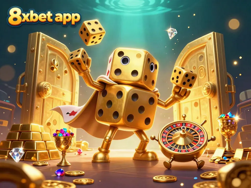 Play and win with the 8xbet app featuring a lively golden dice golem juggling dice and surrounded by treasures.