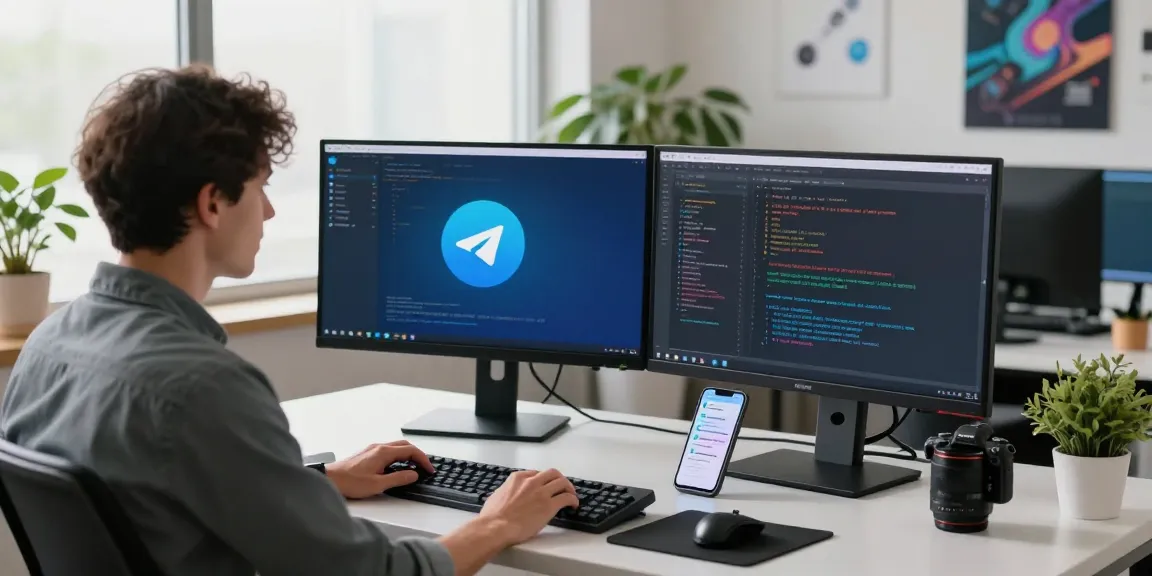 Engaging workspace with Telegram download app on monitors, showcasing coding and productivity in a modern tech environment.