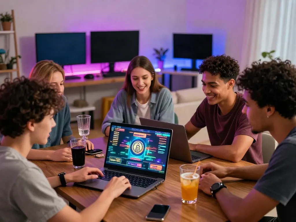 Exciting group playing a crypto casino game, highlighting fast withdrawals in Canada