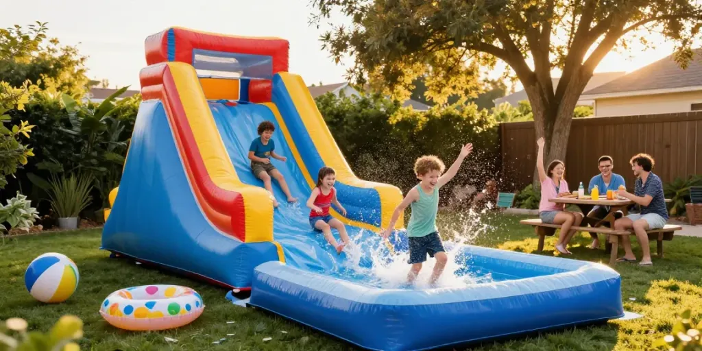 Exciting inflatable water slide captures kids sliding into a pool with joyful splashes during a sunny backyard party.