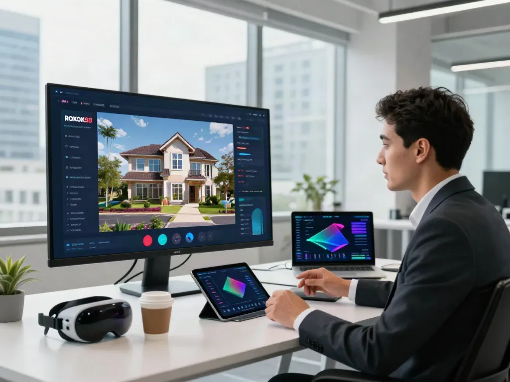 Young professional discussing rokok88 login and virtual investments in a modern office.