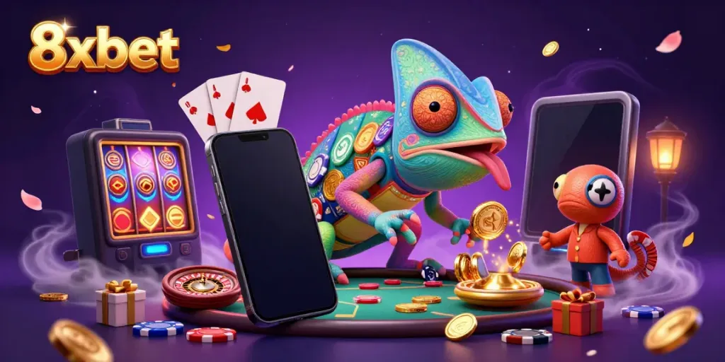 Experience the excitement of 8xbet with a chameleon casino owner in a vibrant gaming scene.