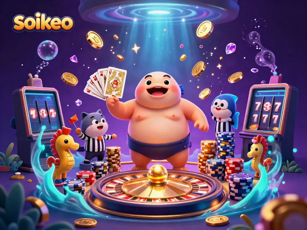 Engage with soikeo's lively underwater casino scene featuring a cartoon fugu, catfish referee, and sparkling game elements.