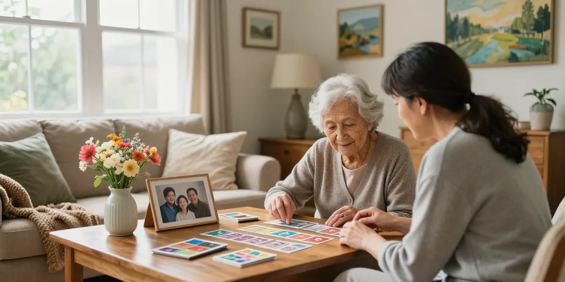 Elderly woman with dementia engaged in a memory game in a warm home environment, promoting dementia haldimand care.