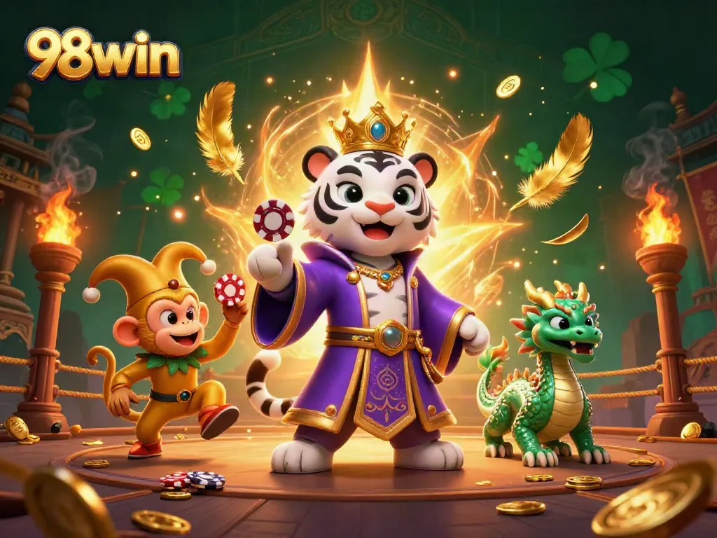Engage in exciting gaming with 98win's enchanting characters amidst a vibrant casino setting.
