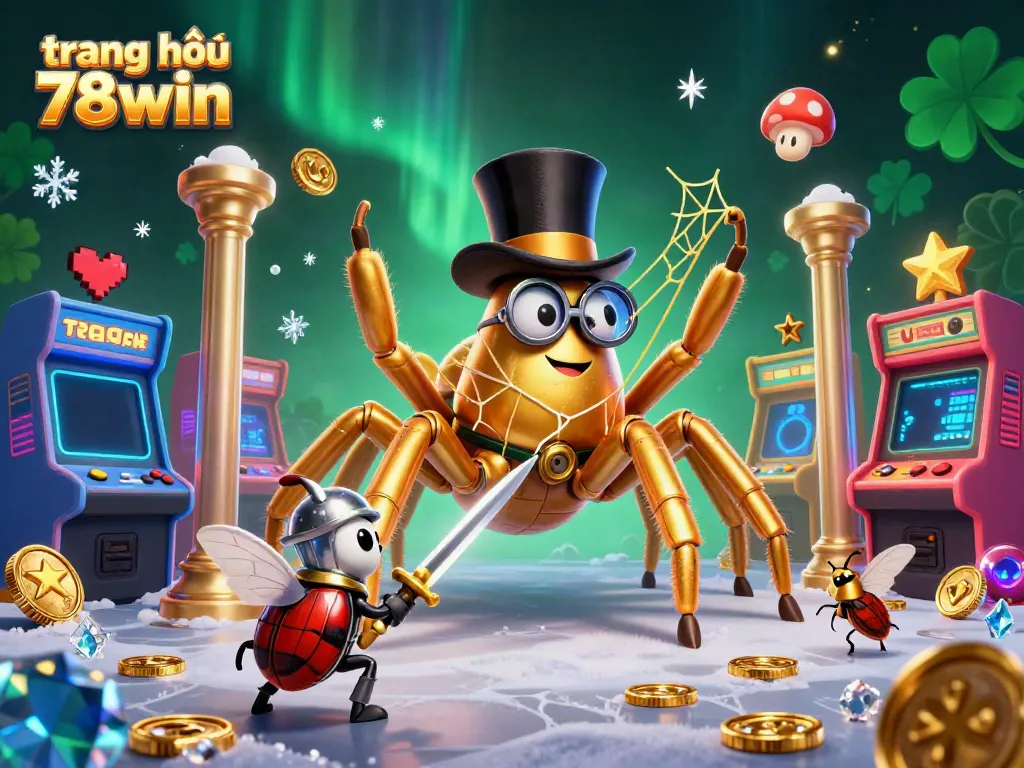 Experience the thrill of the casino with this vibrant artwork of trang chủ 78win, featuring a golden tarantula and brave beetle knight.
