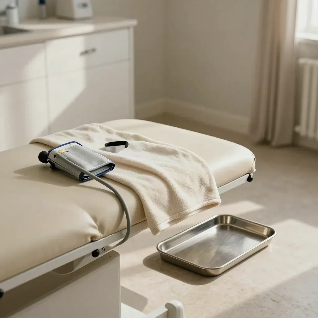 Reset pediatric exam room with cuff, otoscope dock, blanket, and exam bed
