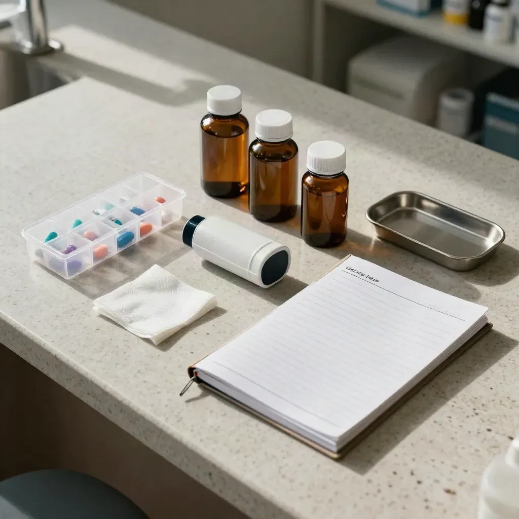 Top-down clinic still life with pill organizer, medicine bottles, inhaler case, and face-down notes book.