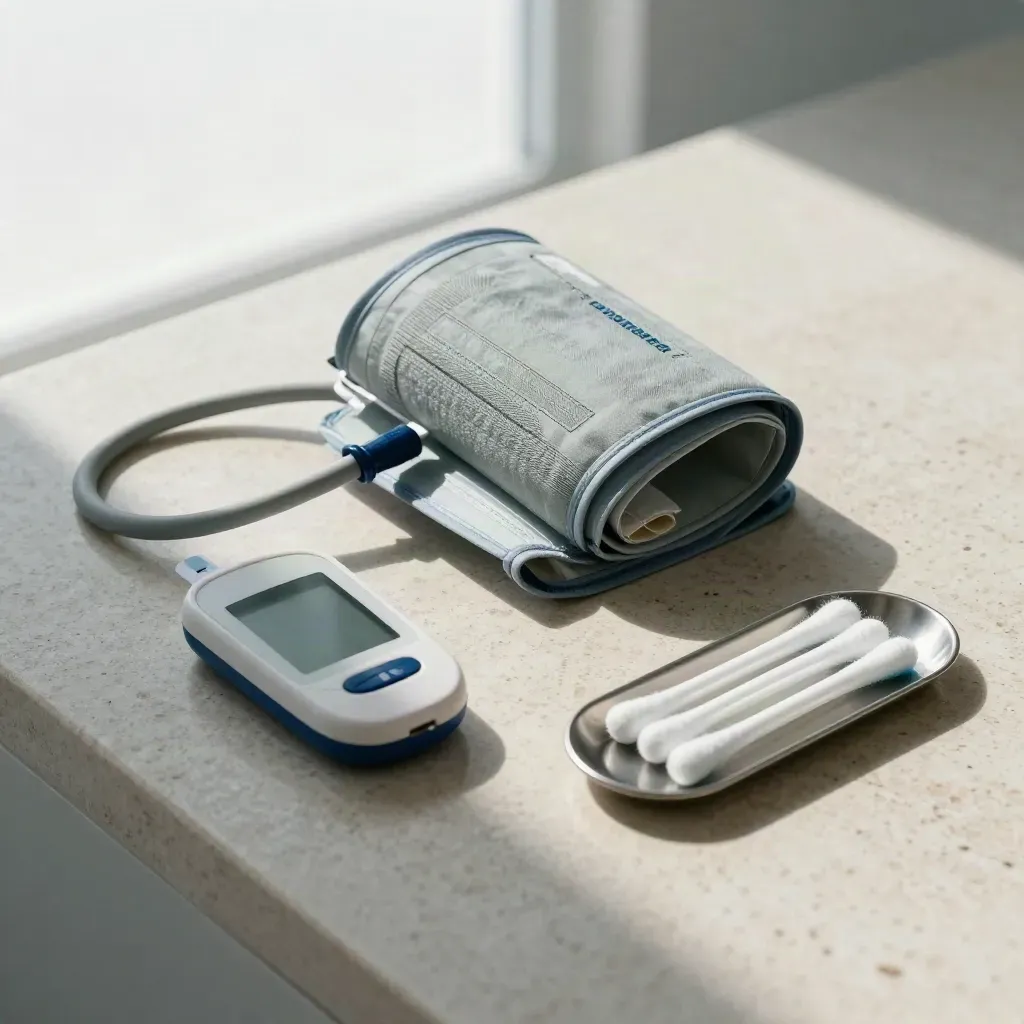 Blood-pressure cuff, glucose meter, and swab tray on travertine in a clinic screening setup.