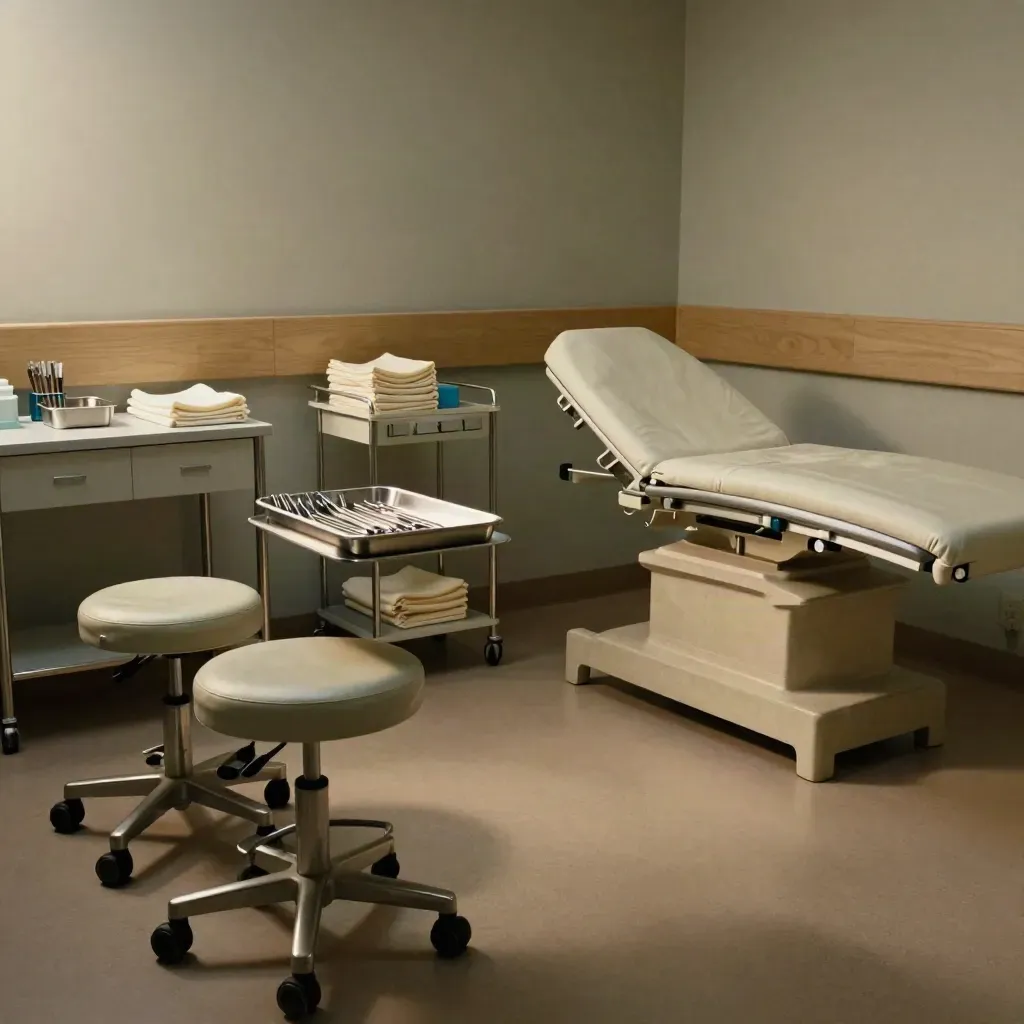 Empty clinic bay with stools, supply tray, linens and cart in warm late-afternoon light.