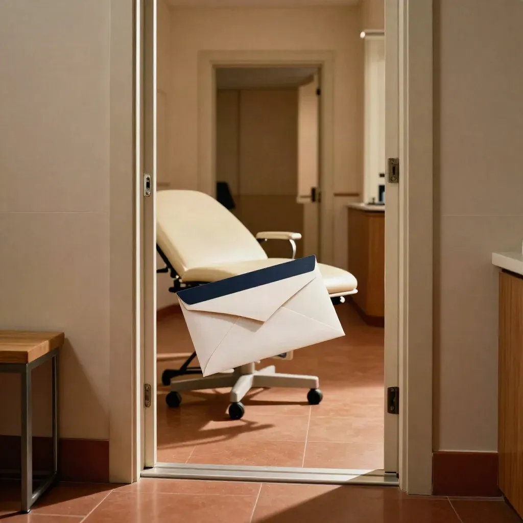 Referral-ready clinic doorway with sealed courier envelope and exam stool in warm light.