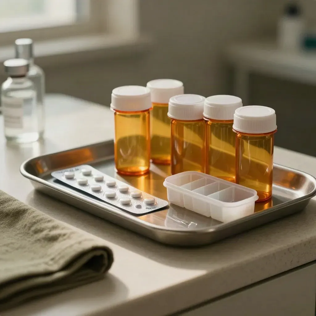 Amber medicine bottles, blister strip, capsule sorter and metal tray on a stone clinic counter.