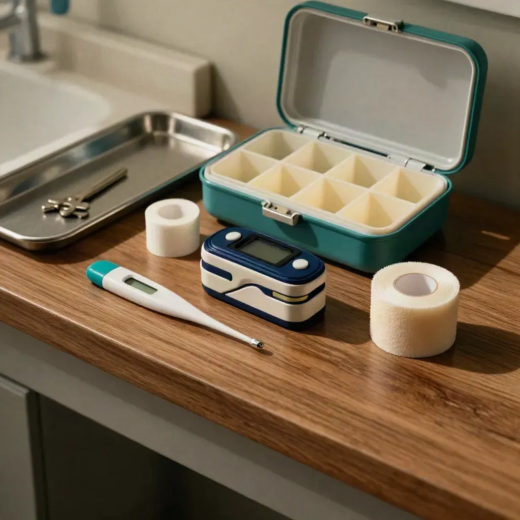 Monitoring kit with pulse oximeter, thermometer, tape and medicine case on a walnut clinic shelf.