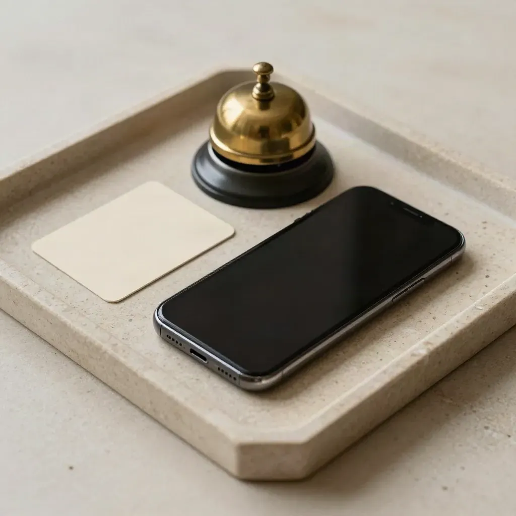 Smartphone, brass bell, key card and handset cradle on pale stone in soft morning light.