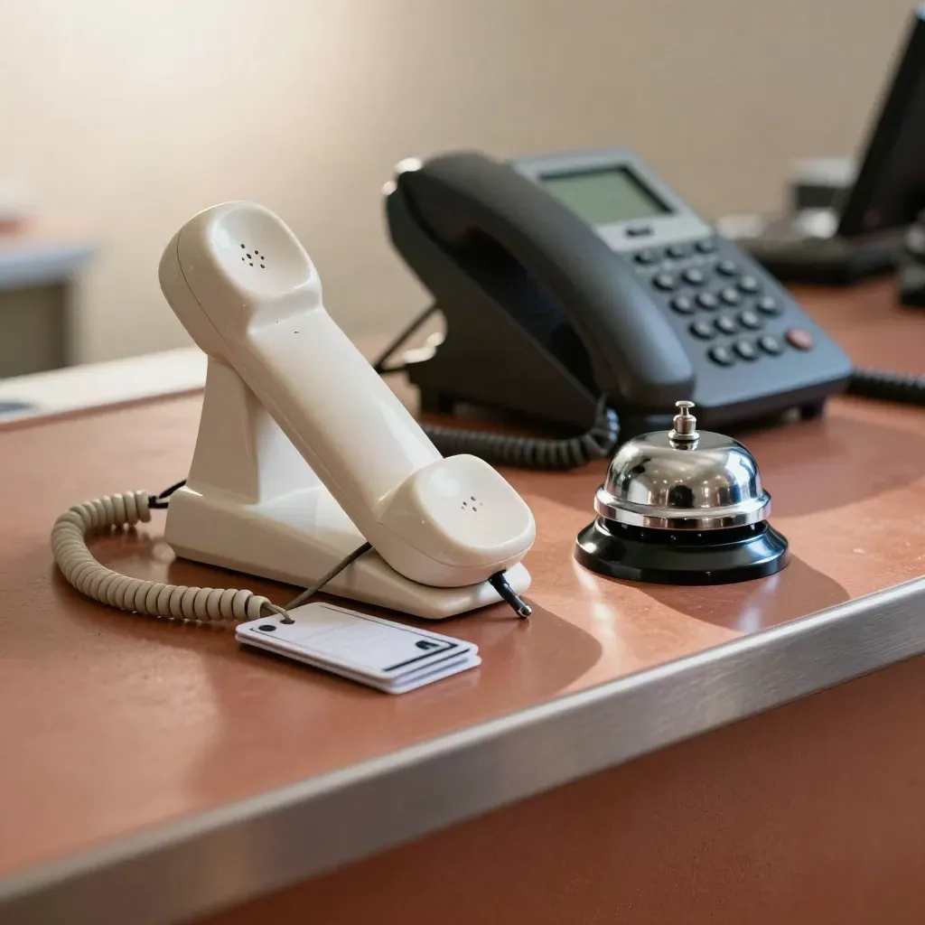 Clinic reception still life: handset cradle, desk bell, dark phone and key card in soft daylight.