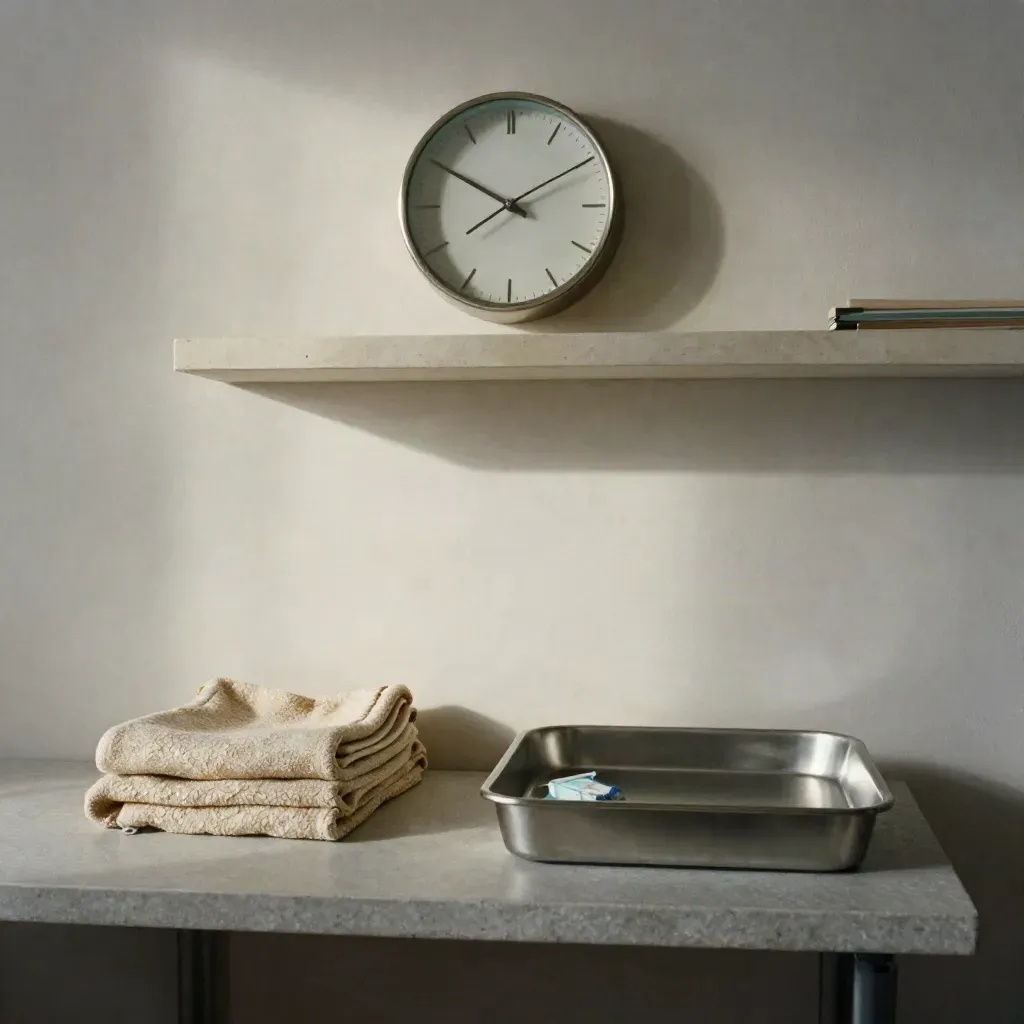 Clinic follow-up vignette with wall clock, folded blanket and exam tray on a quiet side counter.