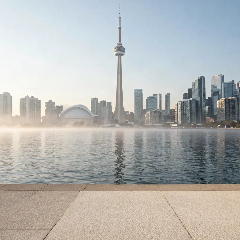 Toronto skyline at sunrise with CN Tower above hazy waterfront and calm copy space