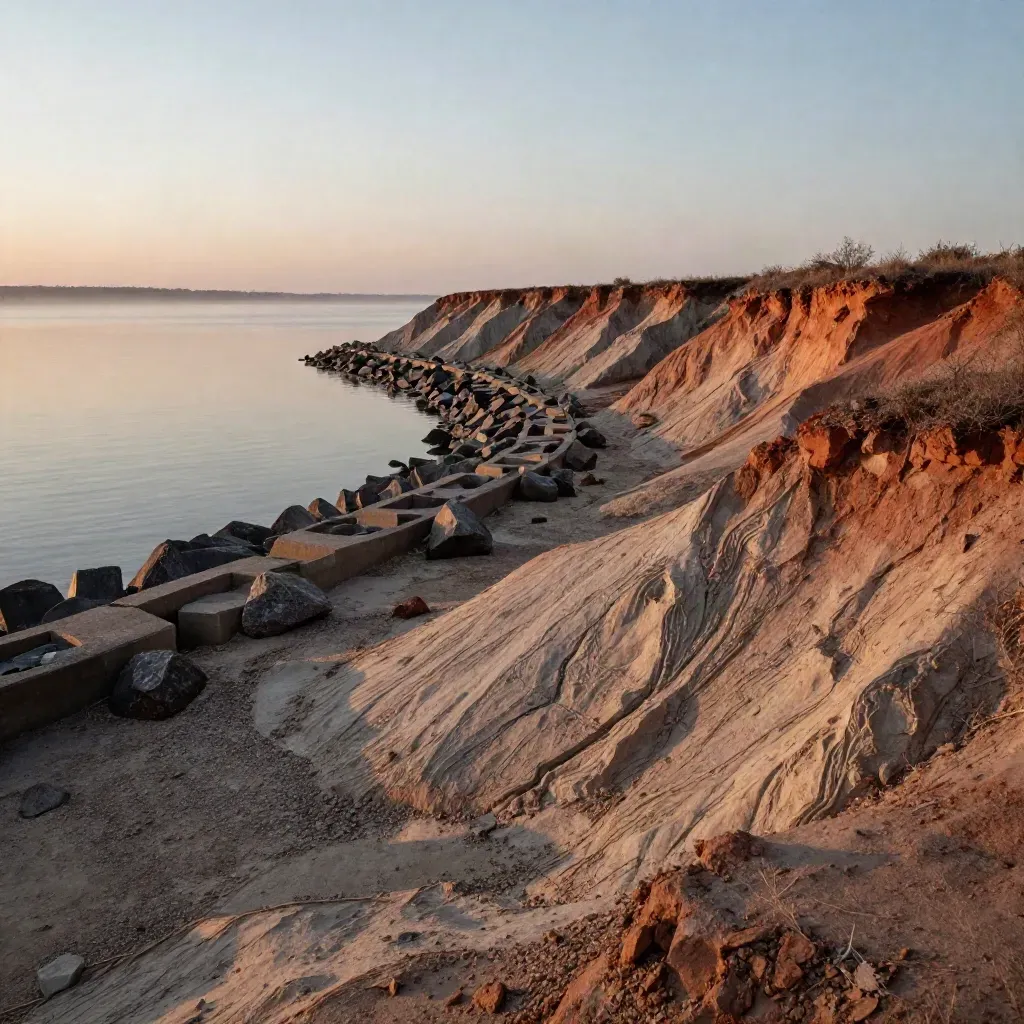 Terracotta clay bluffs and a misty breakwall over calm water at blue hour
