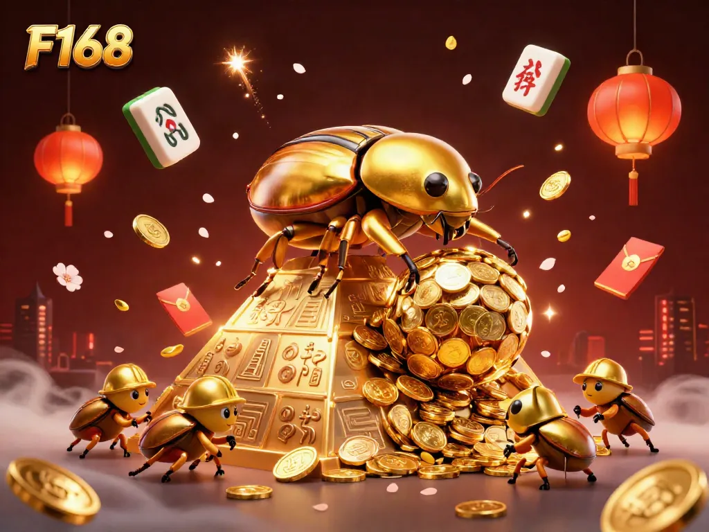 F168 casino scene with golden beetles rolling coins, vibrant gambling elements, and festive decorations