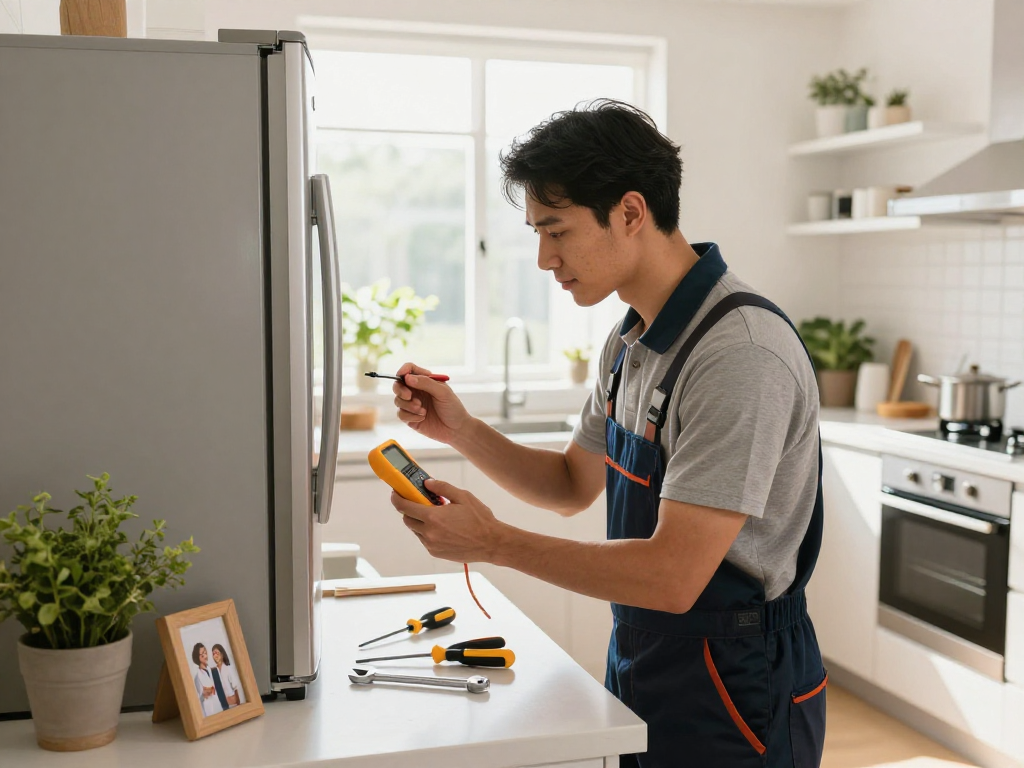 Appliance repair Vaughan technician inspecting refrigerator in modern kitchen