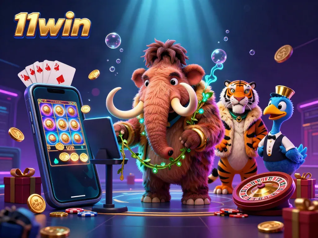 Experience thrilling gaming action with 11win's vibrant illustration featuring dynamic casino elements.