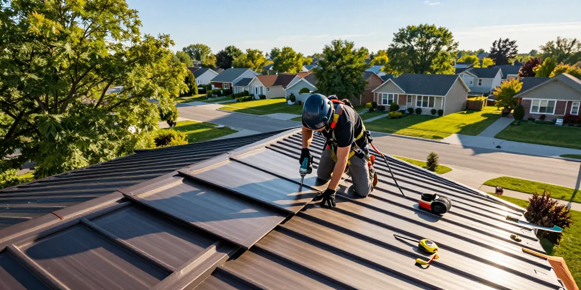Metal roofing Mississauga installation scene depicting a professional roofer at work on a suburban home.