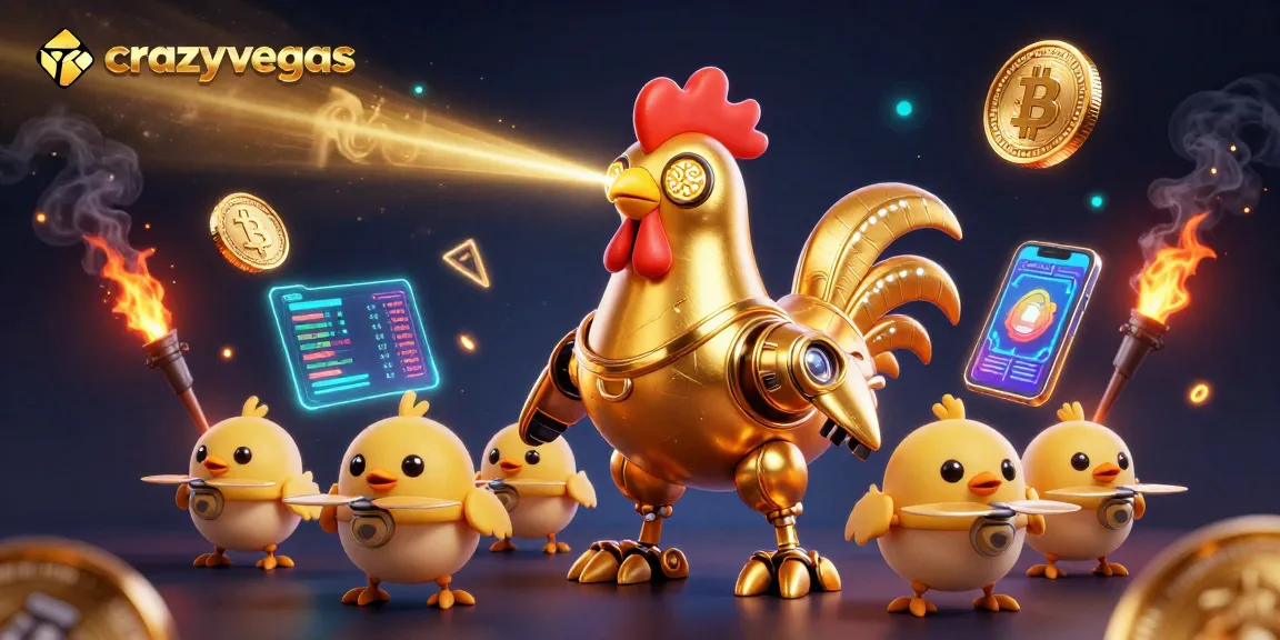 Experience top casino action with crazyvegas's retro-futuristic golden rooster robot and crypto elements.