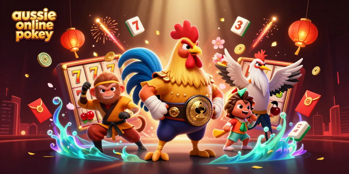 Aussie online pokies illustration displaying a dynamic scene with iconic characters and slot gaming elements.